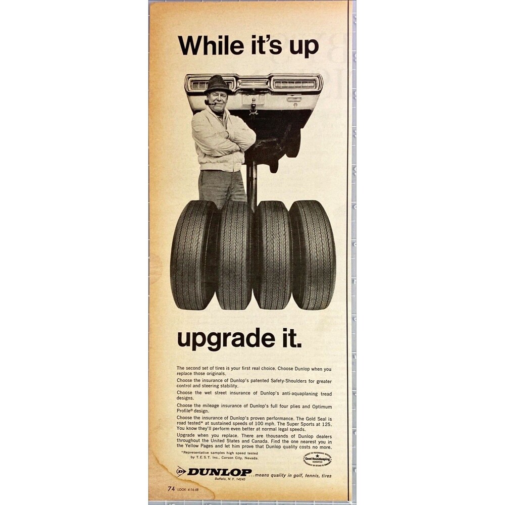 Dunlop Tires "Means Quality on Golf Tennis and Tires" Vintage Print Ad 1968